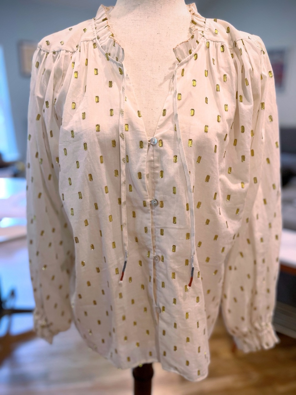 Dolan Left Coast Collection Metallic Gold Clip Dot Peasant Blouse Size M